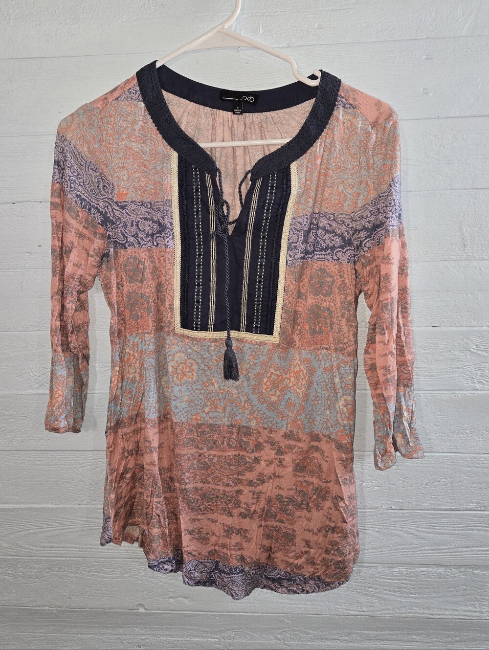 RXB Womens Pink Paisley Floral Artsy Peasant Casual Chic Boho Tunic Blouse Small